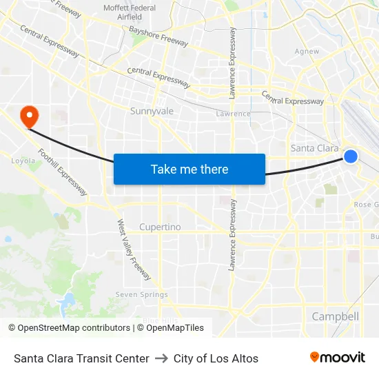 Santa Clara Transit Center to City of Los Altos map