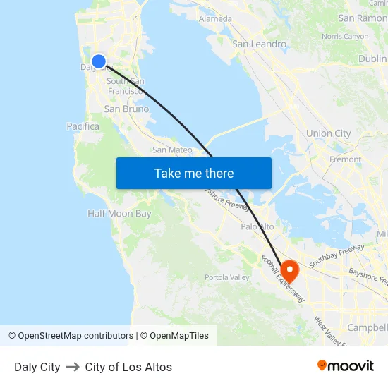 Daly City to City of Los Altos map