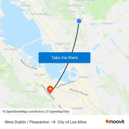 West Dublin / Pleasanton to City of Los Altos map