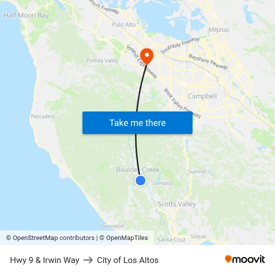 Hwy 9 & Irwin Way to City of Los Altos map