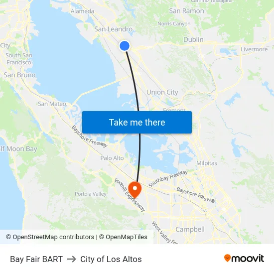 Bay Fair BART to City of Los Altos map