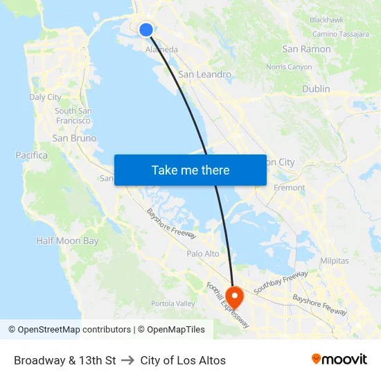 Broadway & 13th St to City of Los Altos map