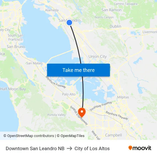 Downtown San Leandro NB to City of Los Altos map