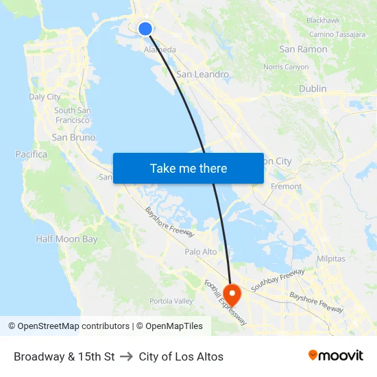 Broadway & 15th St to City of Los Altos map