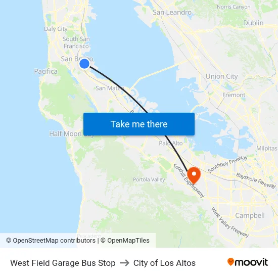 West Field Garage Bus Stop to City of Los Altos map