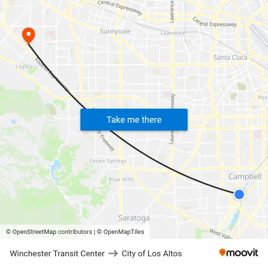 Winchester Transit Center to City of Los Altos map