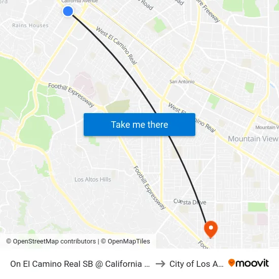On El Camino Real SB @ California Avenue to City of Los Altos map