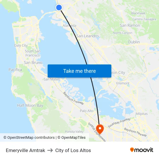 Emeryville Amtrak to City of Los Altos map