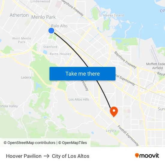 Hoover Pavilion to City of Los Altos map