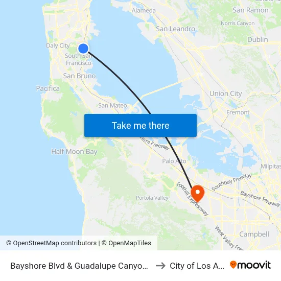Bayshore Blvd & Guadalupe Canyon Pkwy to City of Los Altos map