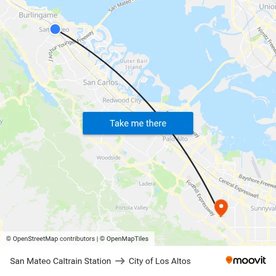 San Mateo Caltrain Station to City of Los Altos map
