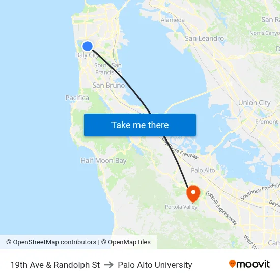 19th Ave & Randolph St to Palo Alto University map