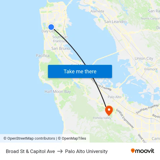 Broad St & Capitol Ave to Palo Alto University map