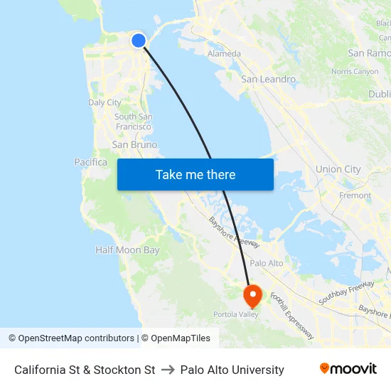 California St & Stockton St to Palo Alto University map