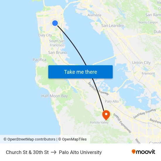 Church St & 30th St to Palo Alto University map
