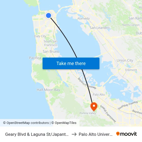 Geary Blvd & Laguna St/Japantown to Palo Alto University map
