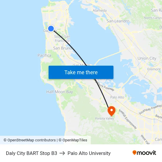 Daly City BART Stop B3 to Palo Alto University map