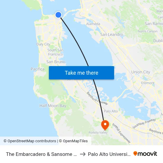 The Embarcadero & Sansome St to Palo Alto University map