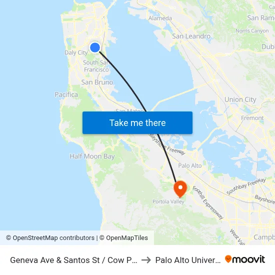 Geneva Ave & Santos St / Cow Palace to Palo Alto University map