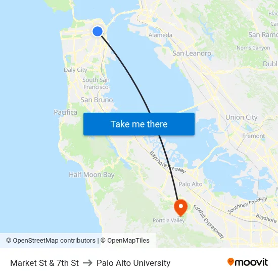 Market St & 7th St to Palo Alto University map