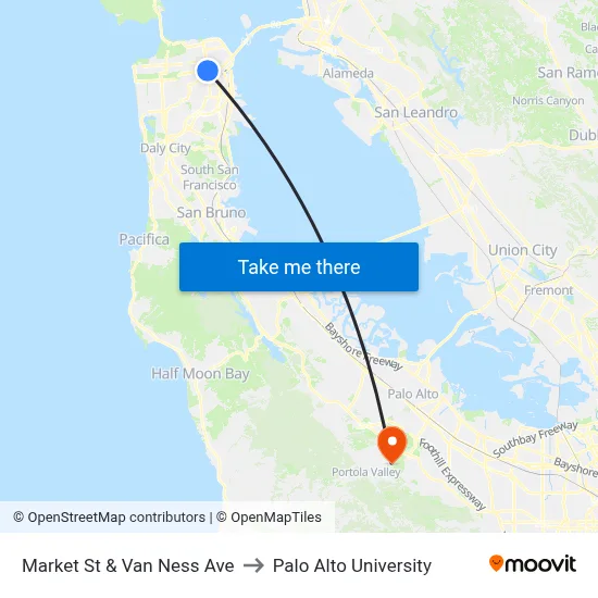 Market St & Van Ness Ave to Palo Alto University map