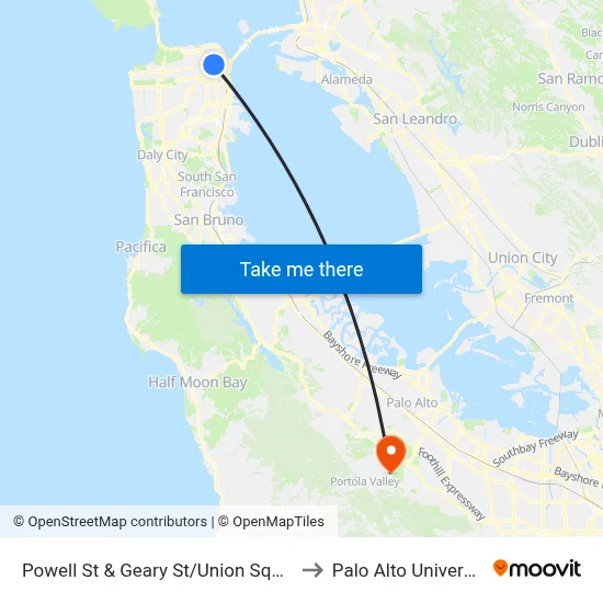 Powell St & Geary St/Union Square to Palo Alto University map