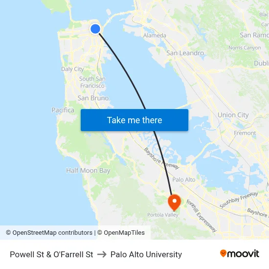 Powell St & O'Farrell St to Palo Alto University map