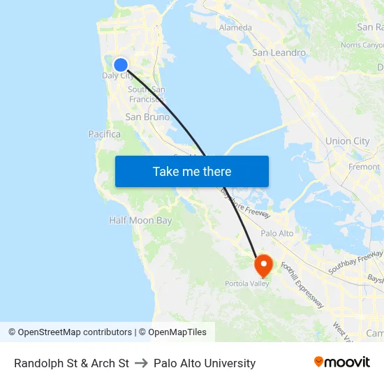 Randolph St & Arch St to Palo Alto University map