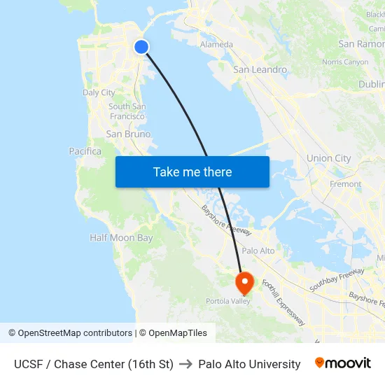 UCSF / Chase Center (16th St) to Palo Alto University map