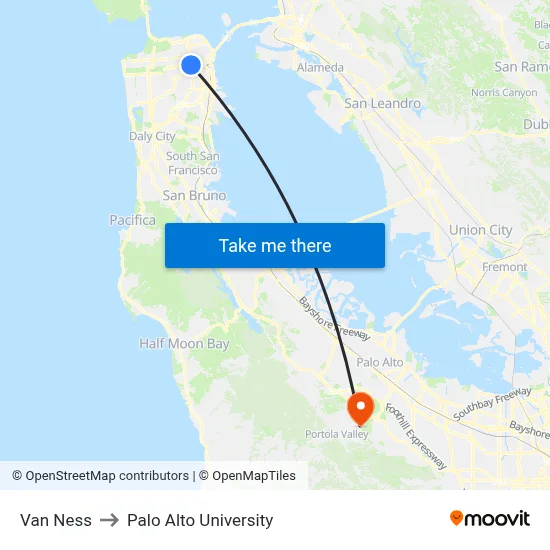 Van Ness to Palo Alto University map