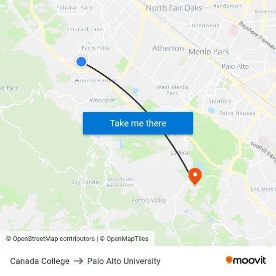Canada College to Palo Alto University map