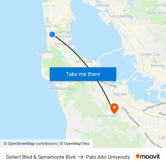 Gellert Blvd & Serramonte Blvd to Palo Alto University map