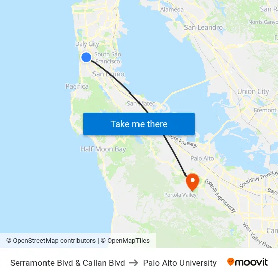 Serramonte Blvd & Callan Blvd to Palo Alto University map