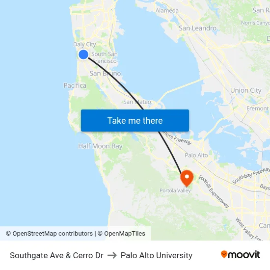 Southgate Ave & Cerro Dr to Palo Alto University map