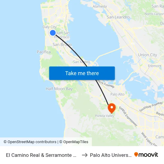 El Camino Real & Serramonte Blvd to Palo Alto University map