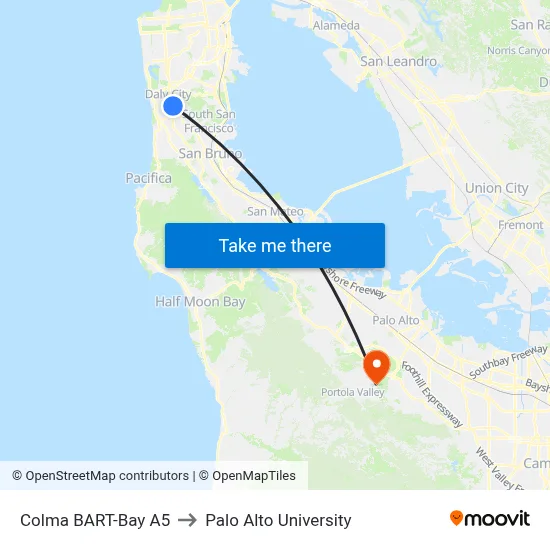 Colma BART-Bay A5 to Palo Alto University map