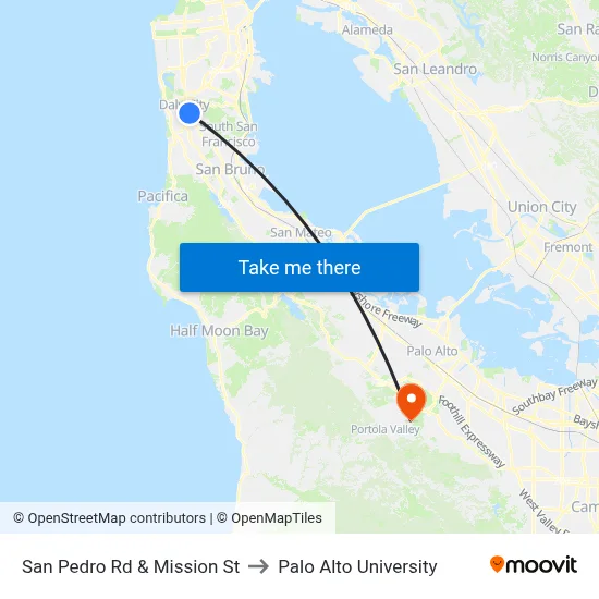 San Pedro Rd & Mission St to Palo Alto University map