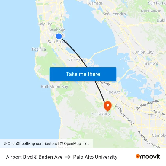 Airport Blvd & Baden Ave to Palo Alto University map