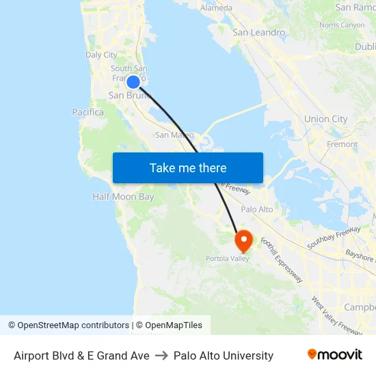 Airport Blvd & E Grand Ave to Palo Alto University map