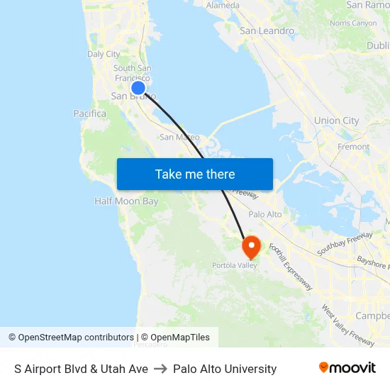 S Airport Blvd & Utah Ave to Palo Alto University map