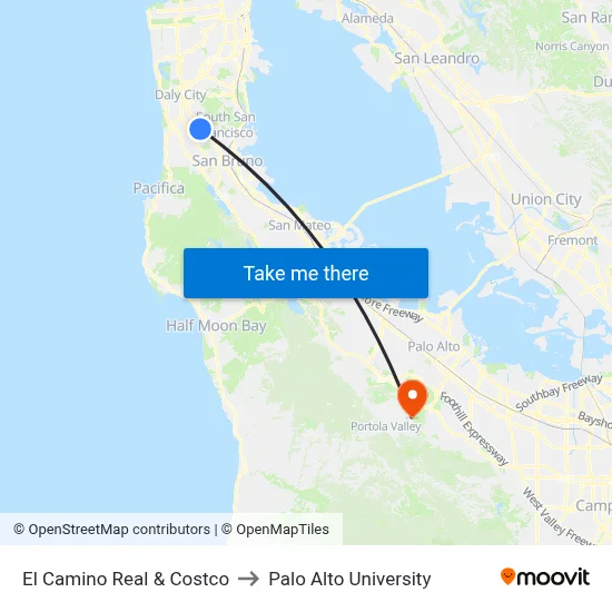 El Camino Real & Costco to Palo Alto University map