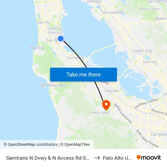 Samtrans N Dvwy & N Access Rd-Safe Harbor Shelter to Palo Alto University map