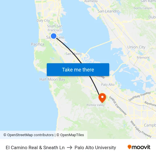 El Camino Real & Sneath Ln to Palo Alto University map