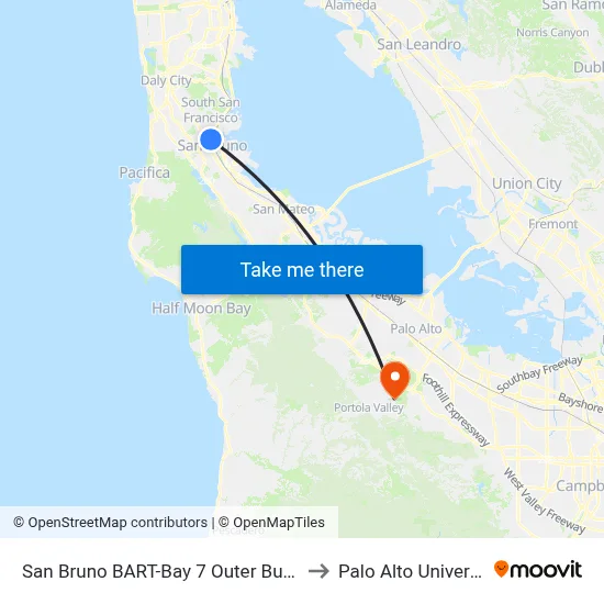 San Bruno BART-Bay 7 Outer Busway to Palo Alto University map