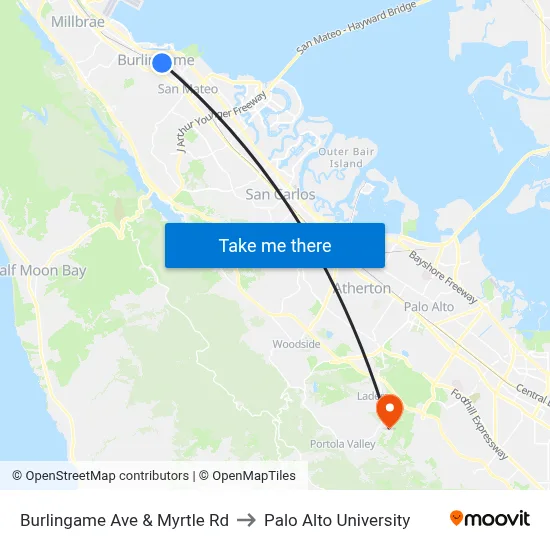 Burlingame Ave & Myrtle Rd to Palo Alto University map
