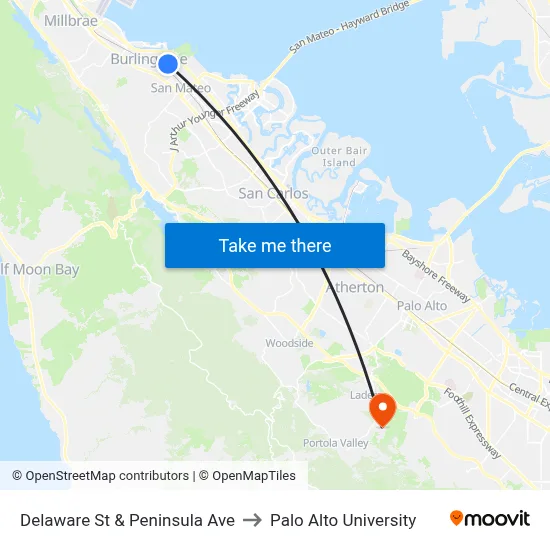 Delaware St & Peninsula Ave to Palo Alto University map