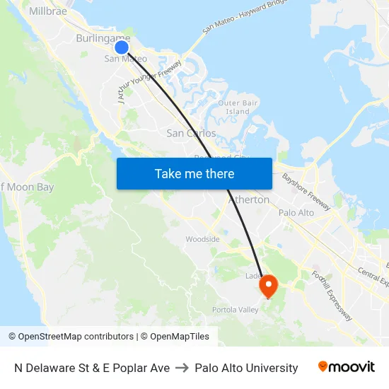 N Delaware St & E Poplar Ave to Palo Alto University map