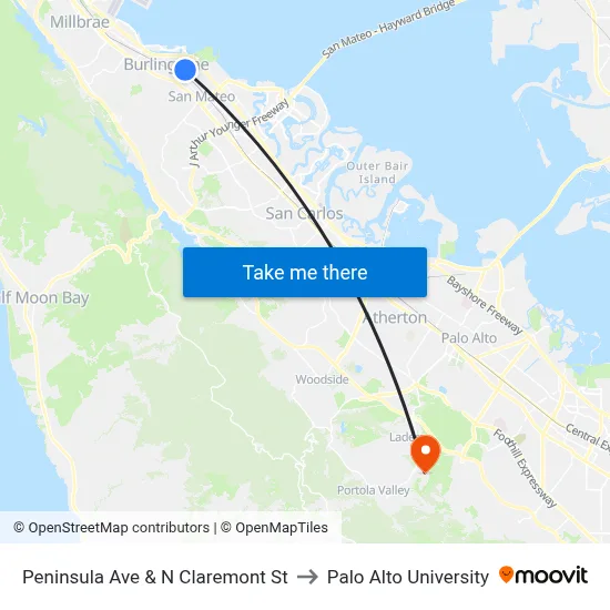 Peninsula Ave & N Claremont St to Palo Alto University map