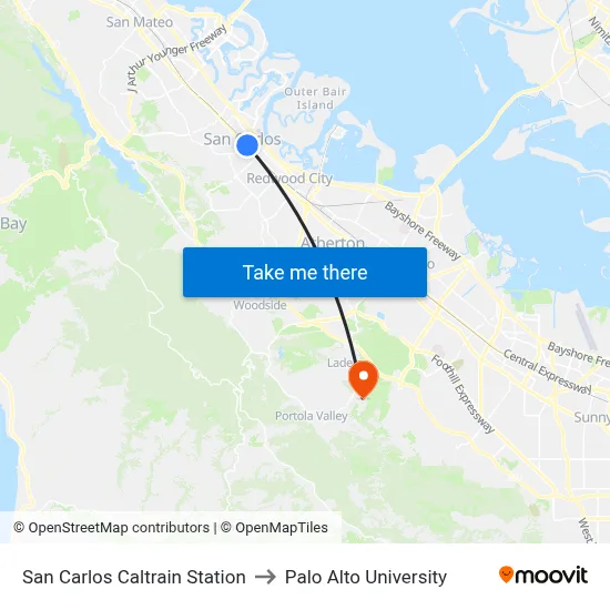 San Carlos Caltrain Station to Palo Alto University map