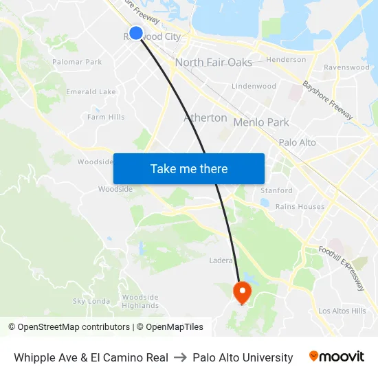 Whipple Ave & El Camino Real to Palo Alto University map